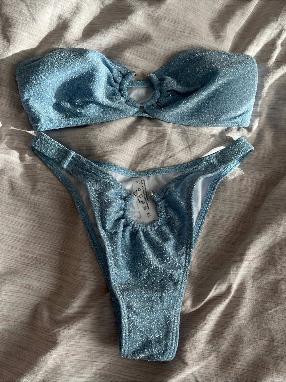 SHEIN Sparkle Light Blue Bandeau Bikini with Ring Detail